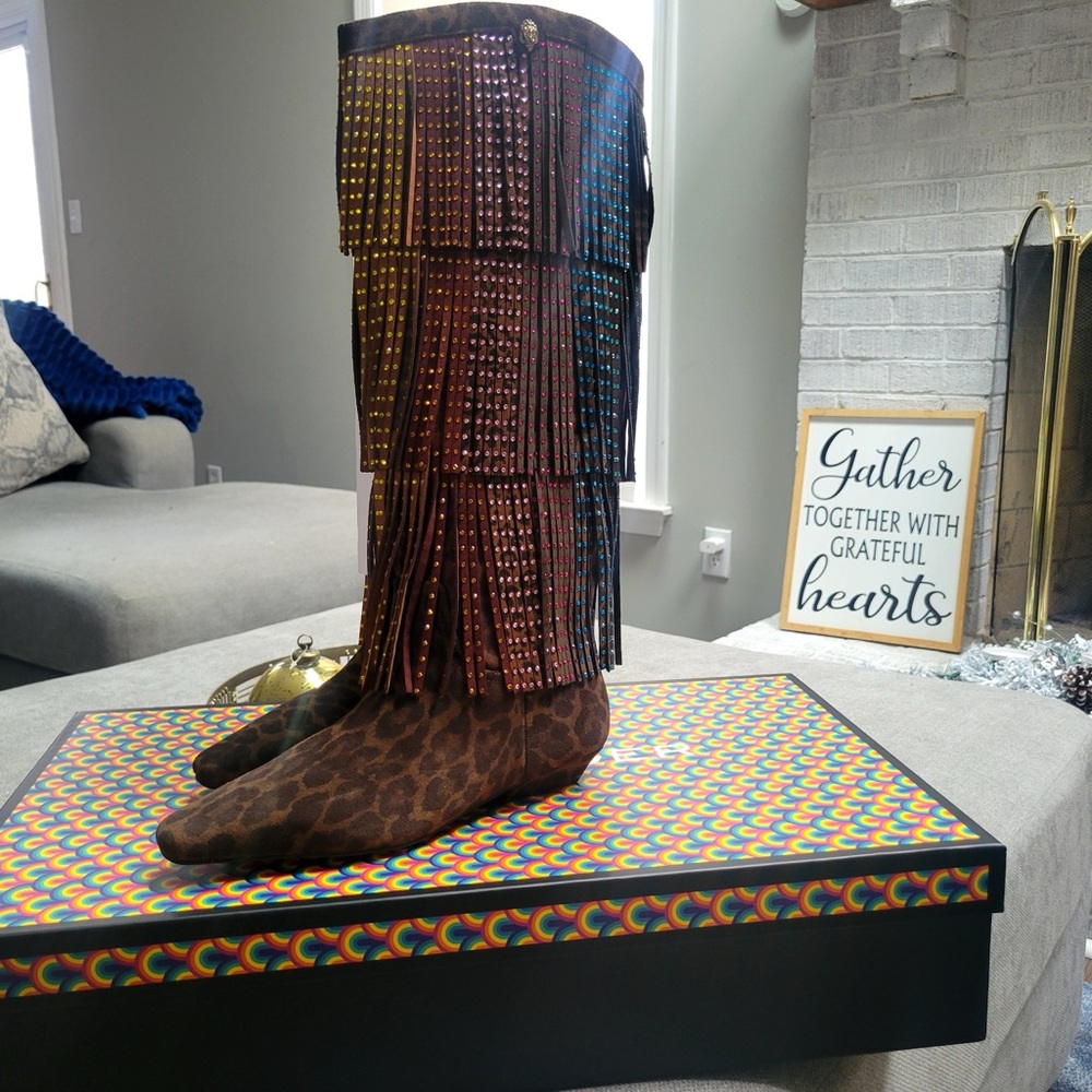 Kurt Geiger Brown and Black Heeled Boots with Fringe